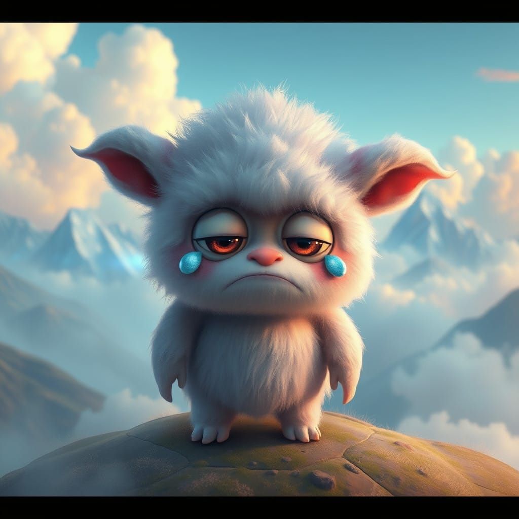 Whimsical Baby Monster in Vibrant, Iridescent Landscape