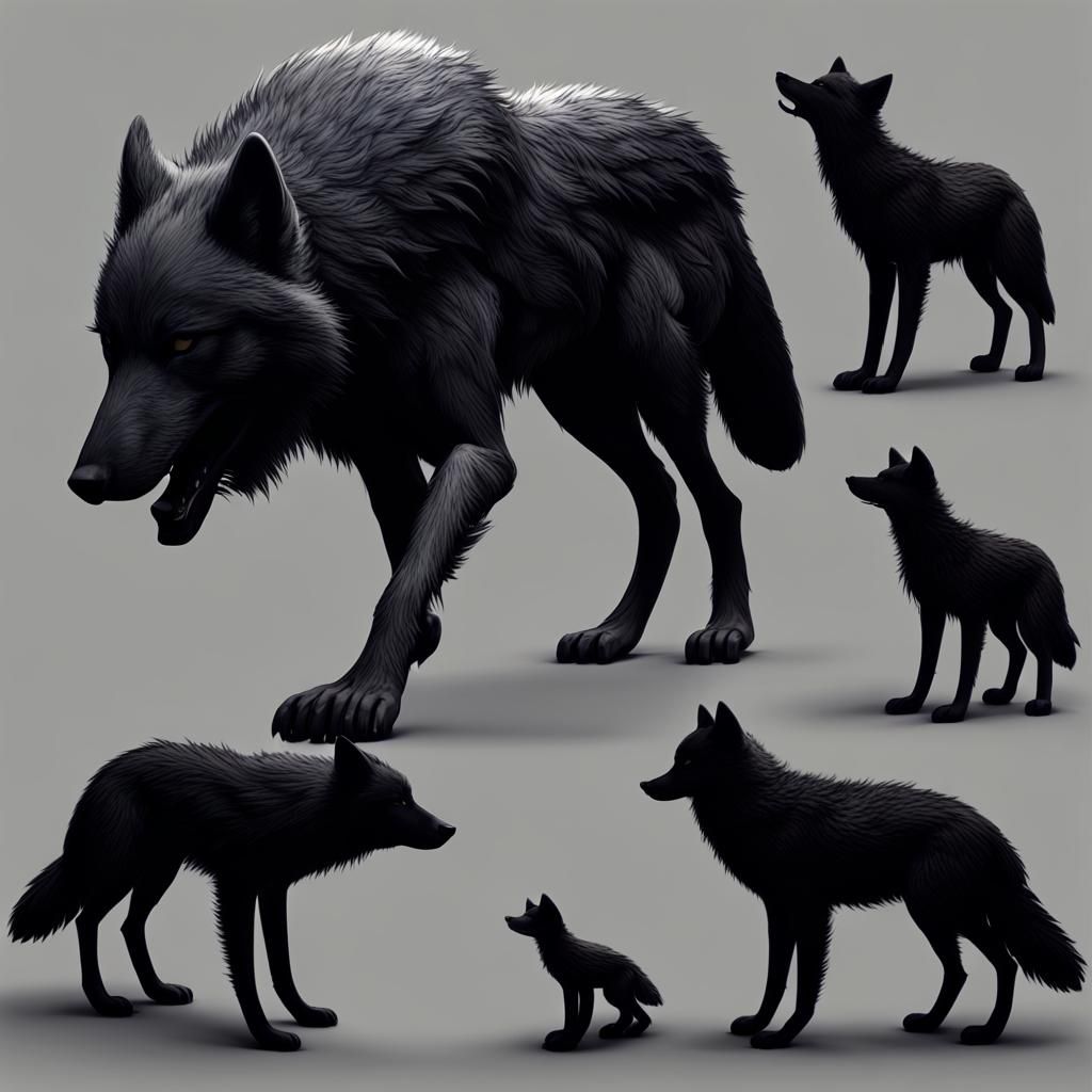 Swan and Black Wolf Family in 3D Rendering