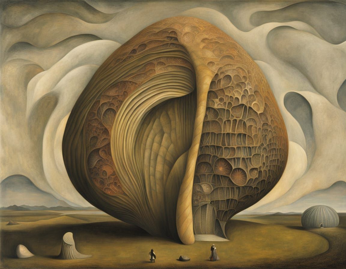 Surreal Ammonite Shell House in Desert Landscape