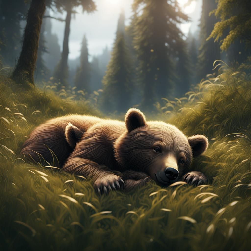 Sleeping Bear Cub on Dense Grass in Detailed Matte Painting
