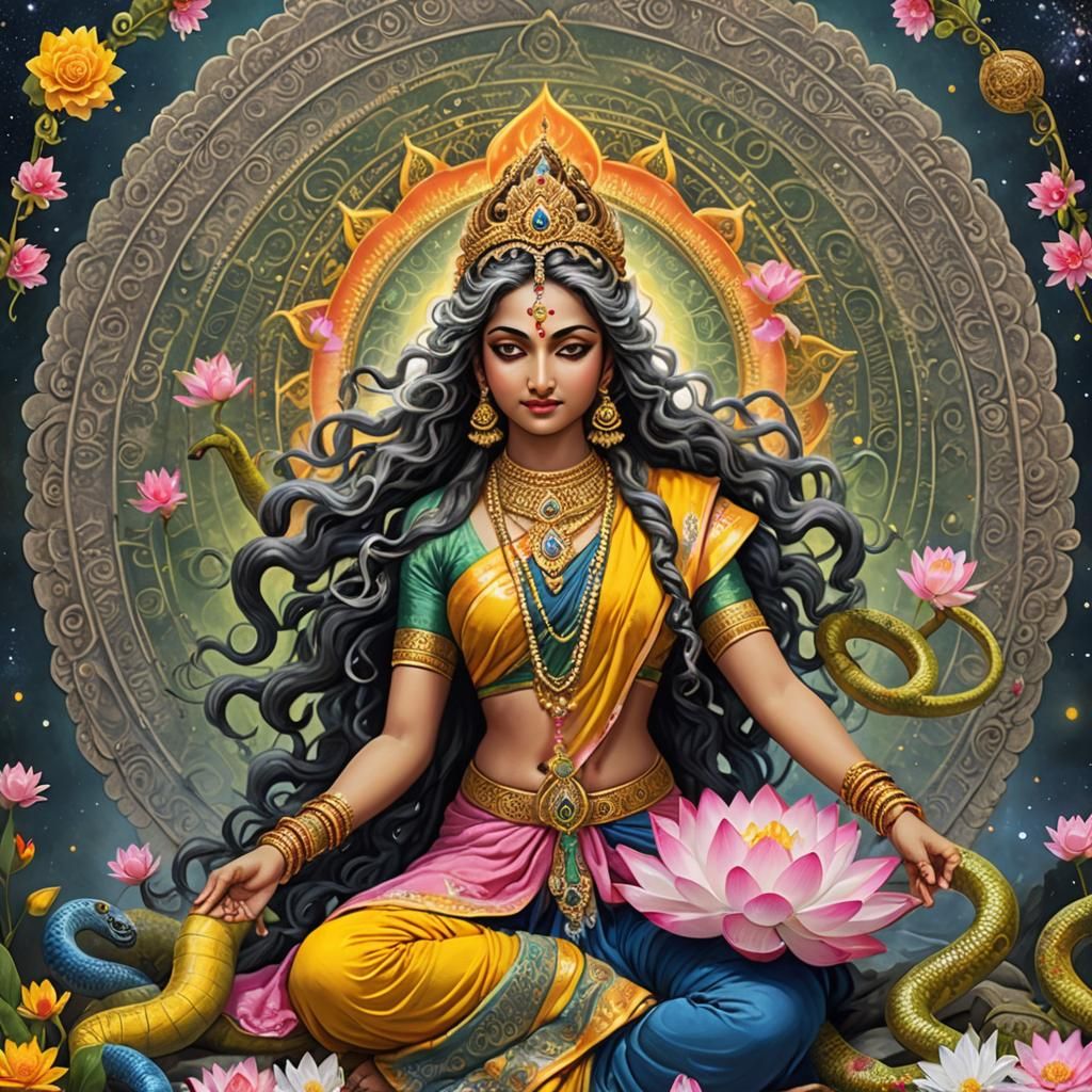Hindu Goddess with Sitar and Cosmic Snake
