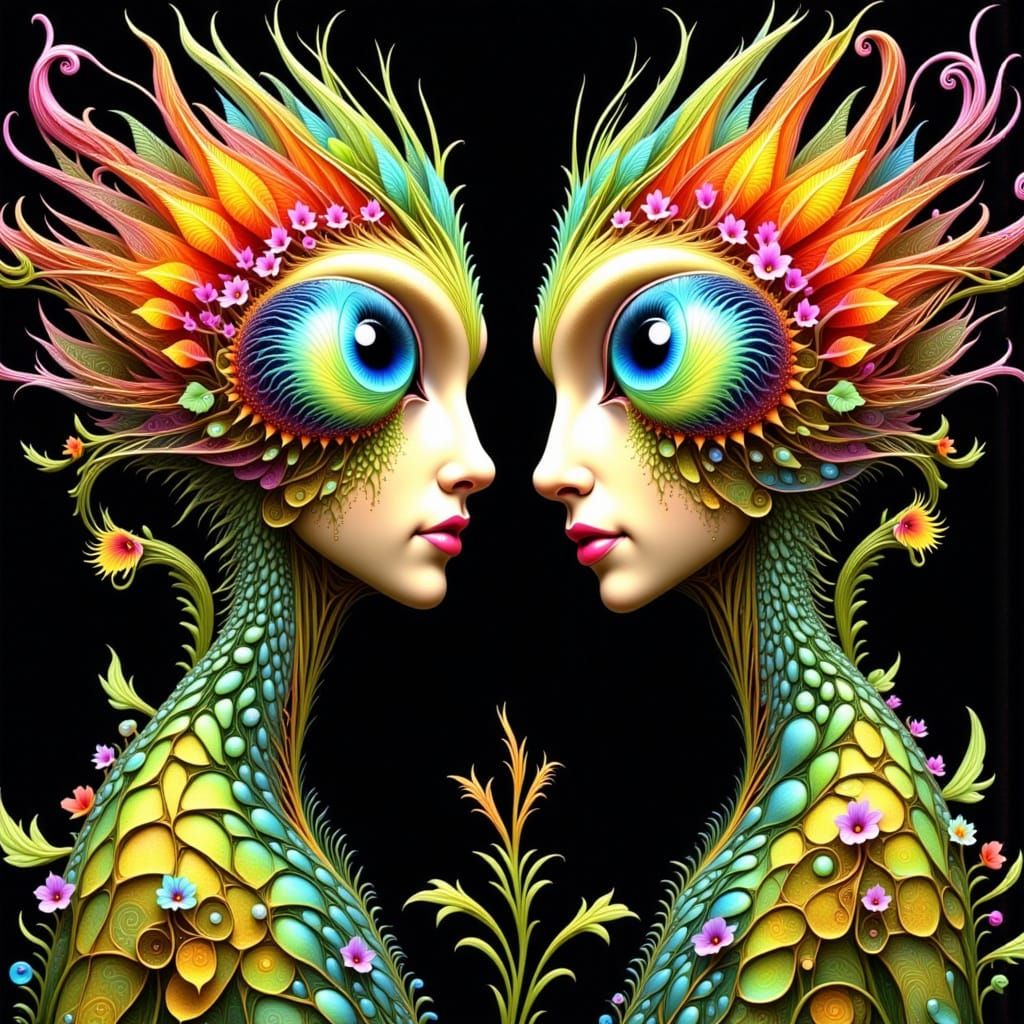 Surreal Alien Family Portrait in Botanical Mosaic