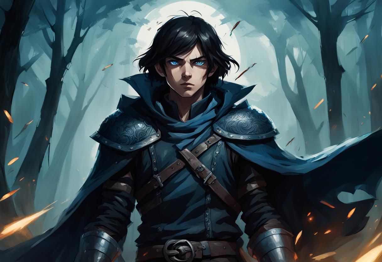 Young Rogue with Blue Daggers in Shadows