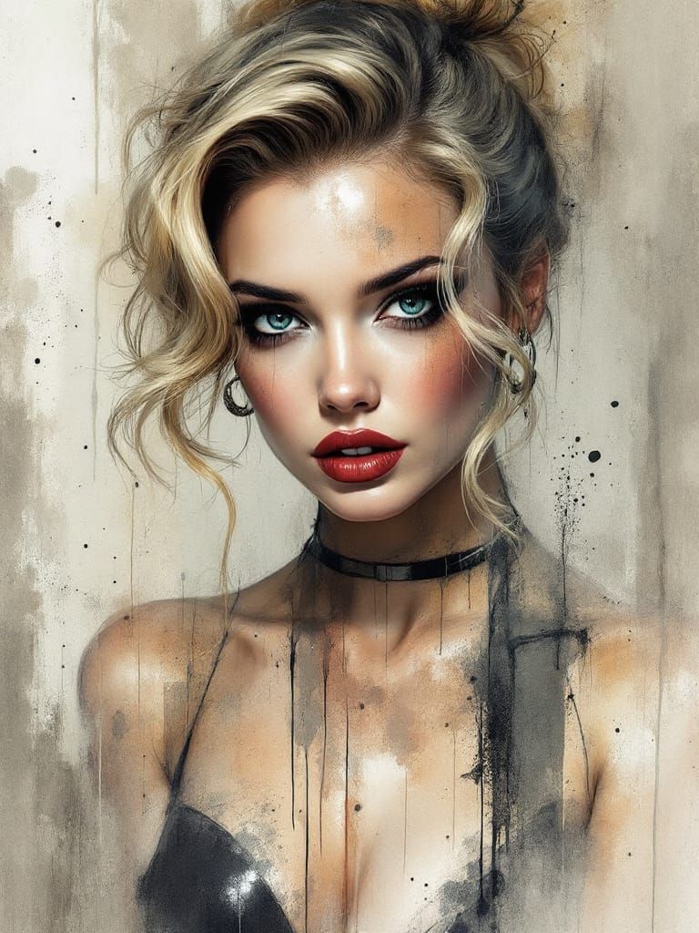 Pin-Up Woman in Moody Atmospheric Ink Splatter Style