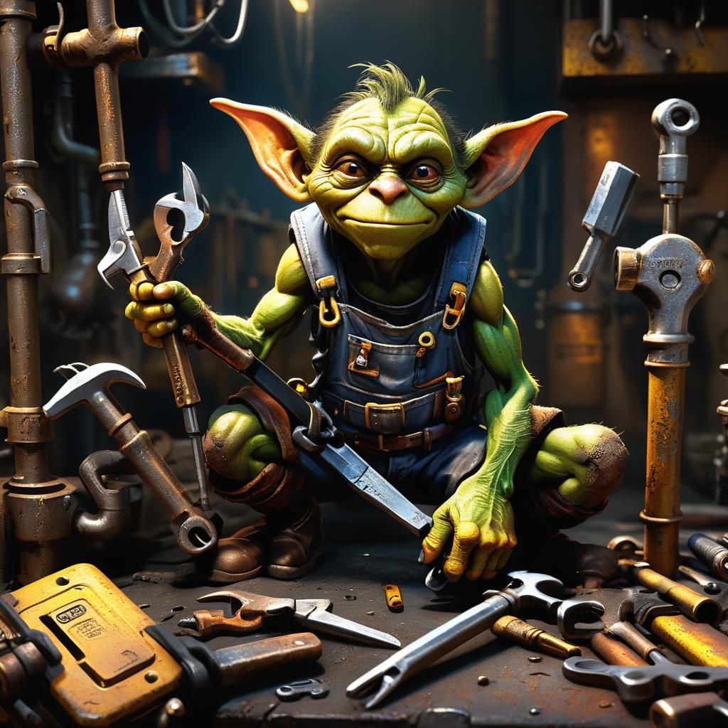 Goblin Plumber with Expert Tools in Hyperrealistic Style