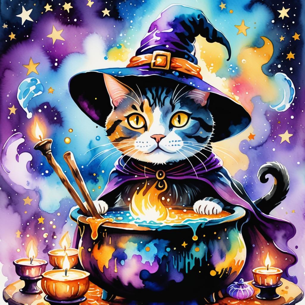 Whimsical Cat Witch Stirring Cauldron Watercolor