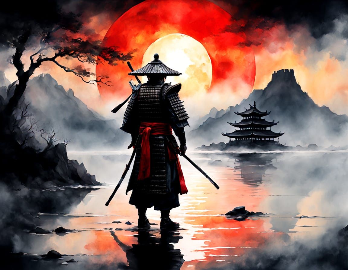 Samurai Warrior Gazing at Red Sun, Watercolor Painting