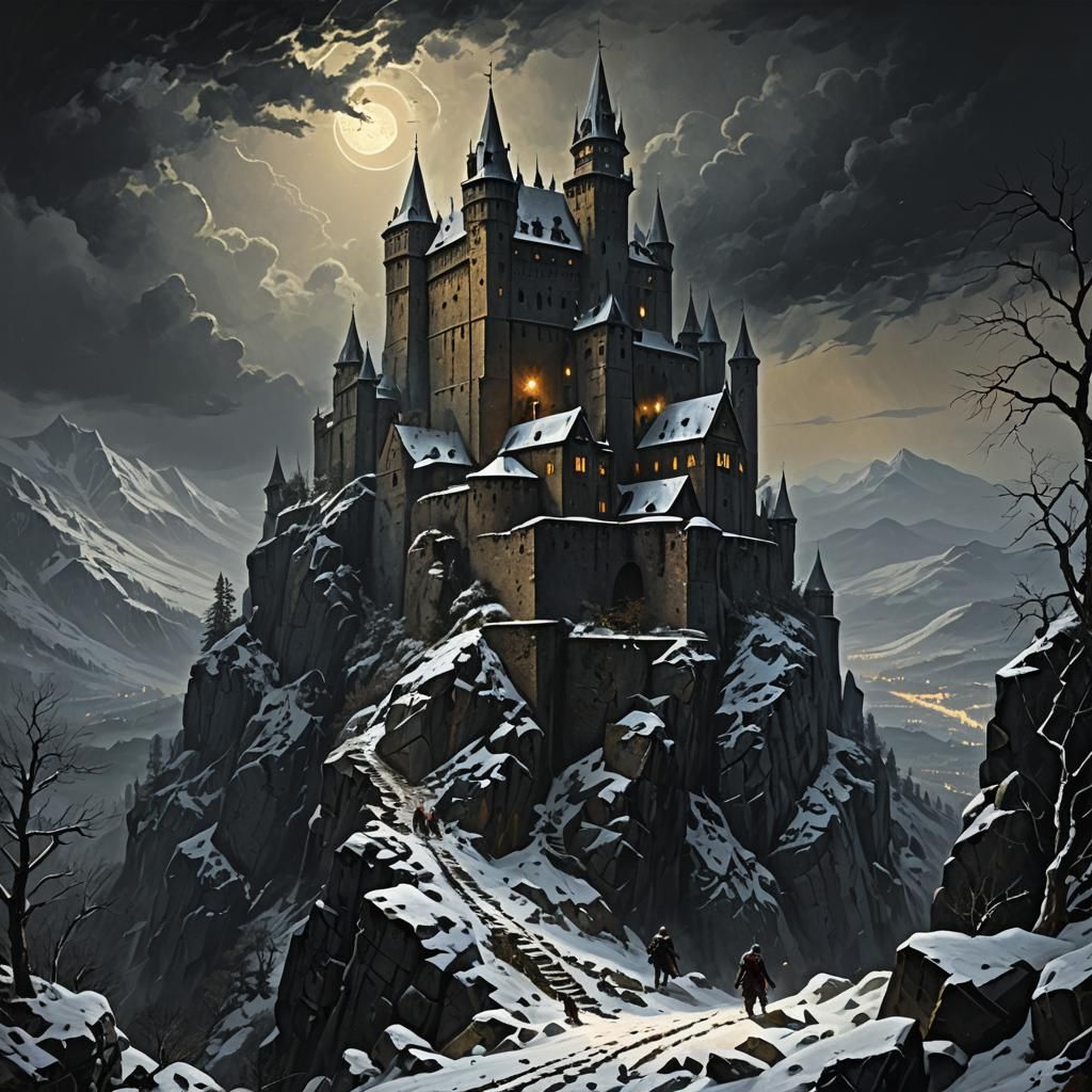 Menacing Medieval Fortress in Dark Carpathian Mountains