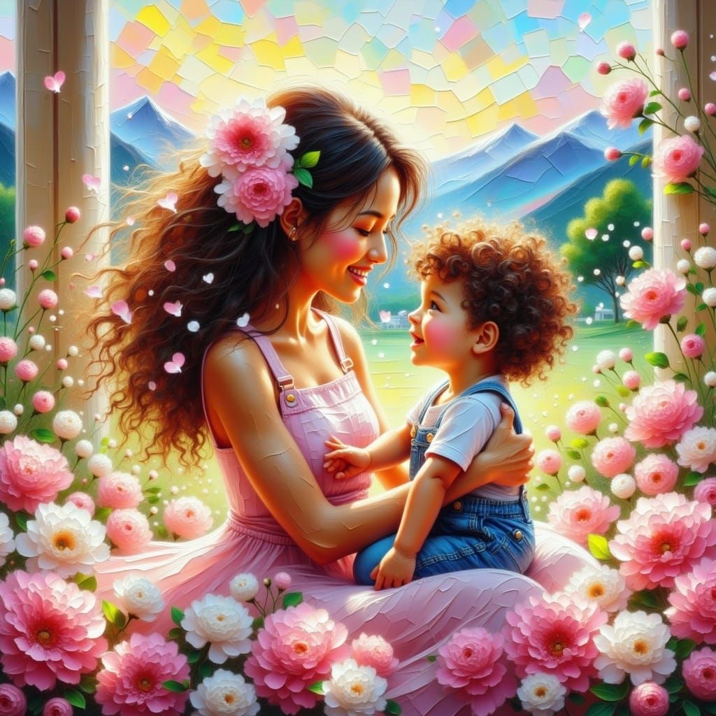Motherly Love in Vibrant Impasto Fantasy