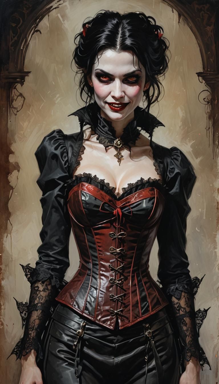 Sinister Vampire with Corset and Reddish-Brown Eyes