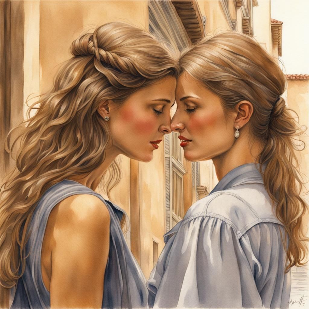 Florence Embrace: Watercolor Portrait of Two Women