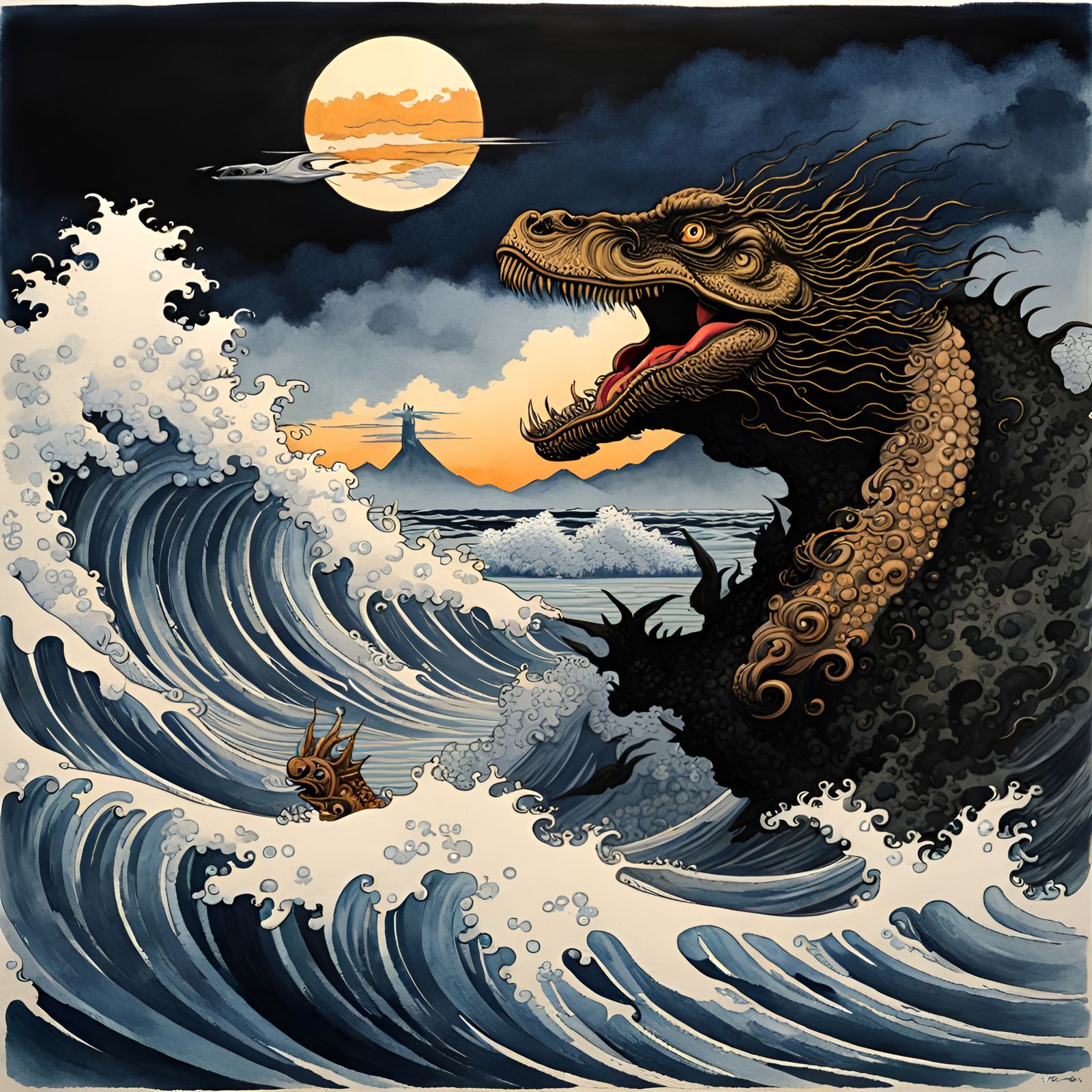 Dinosaurs Extinction by Tsunami as Watercolor Art