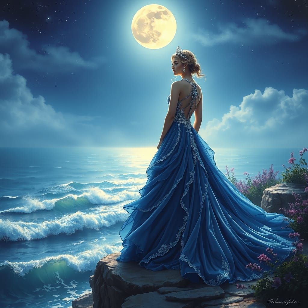 She is a Sapphire Dream  ,Wearing a flowing sapphire-blue go...