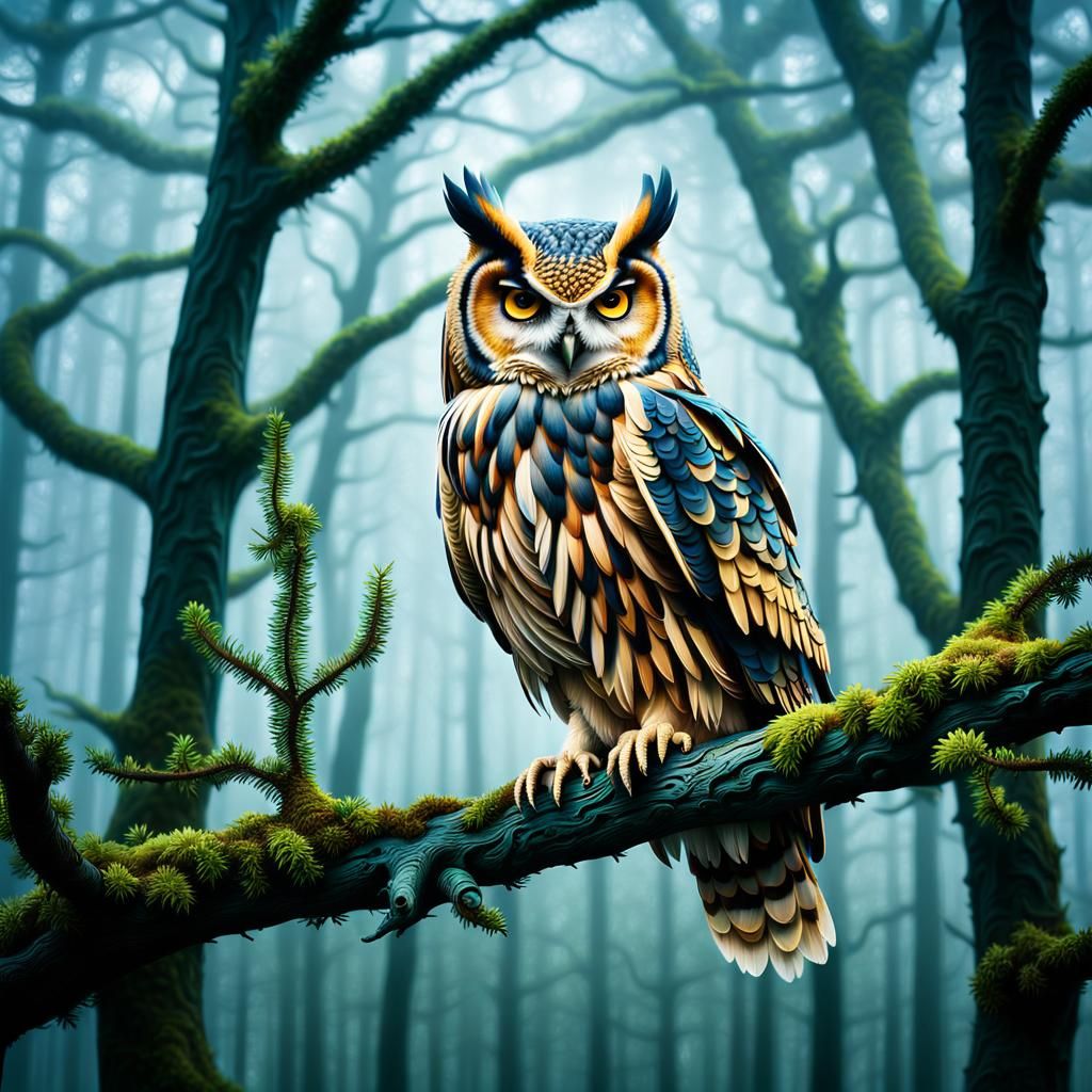 Surreal Owl-Eagle in Dreamy Forest, Digital Art