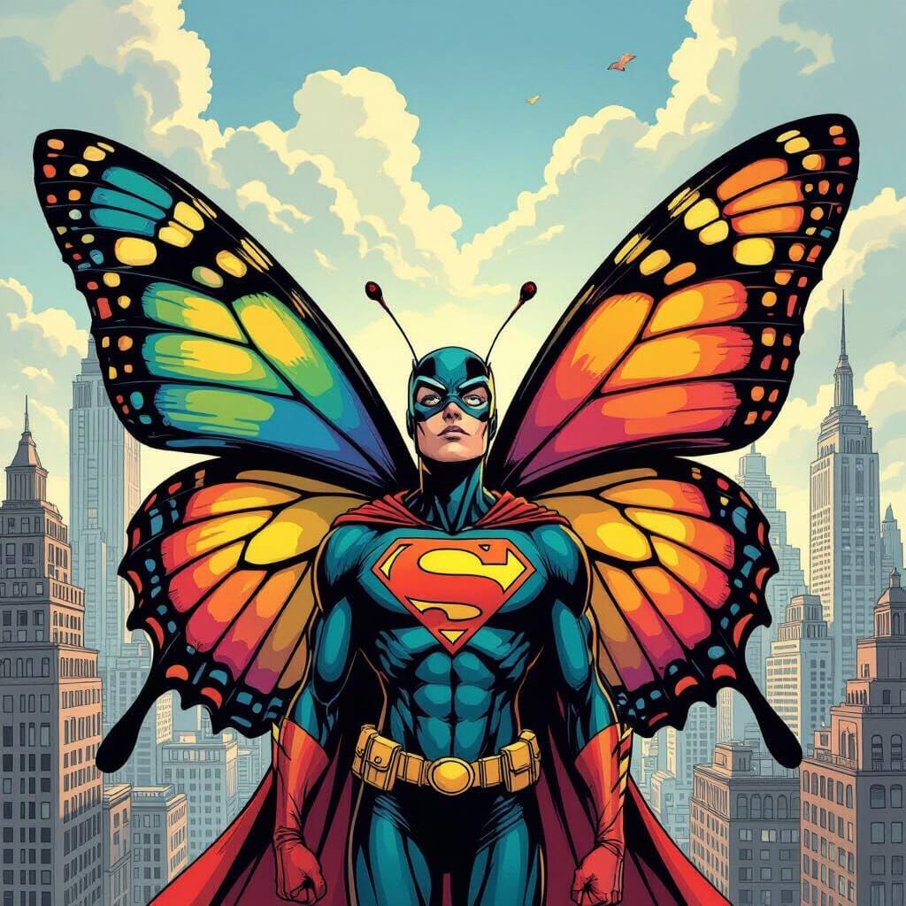 Perplexed Butterfly Superhero in Comic Book Art