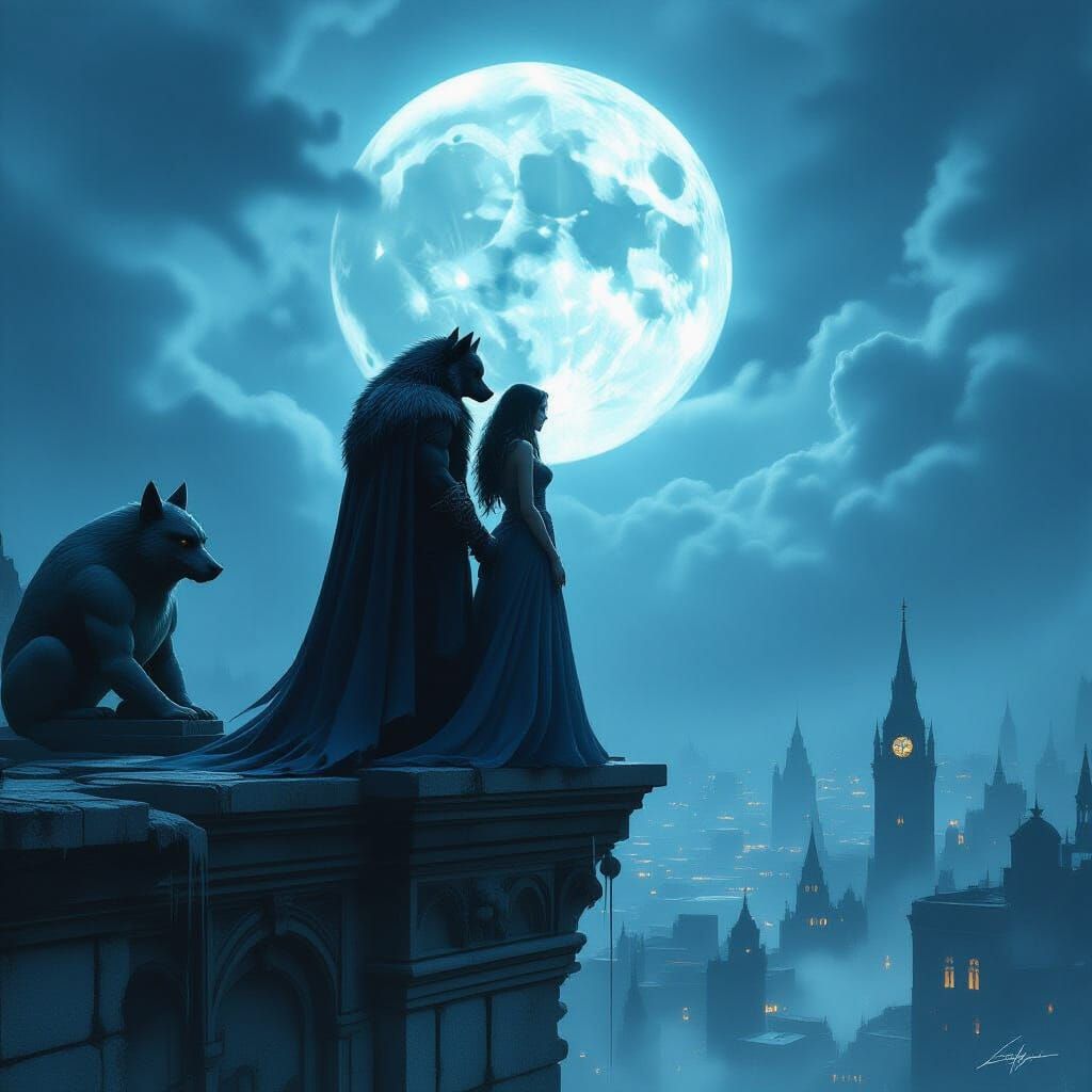 Werewolf Couple on Gargoyle Under Full Moon