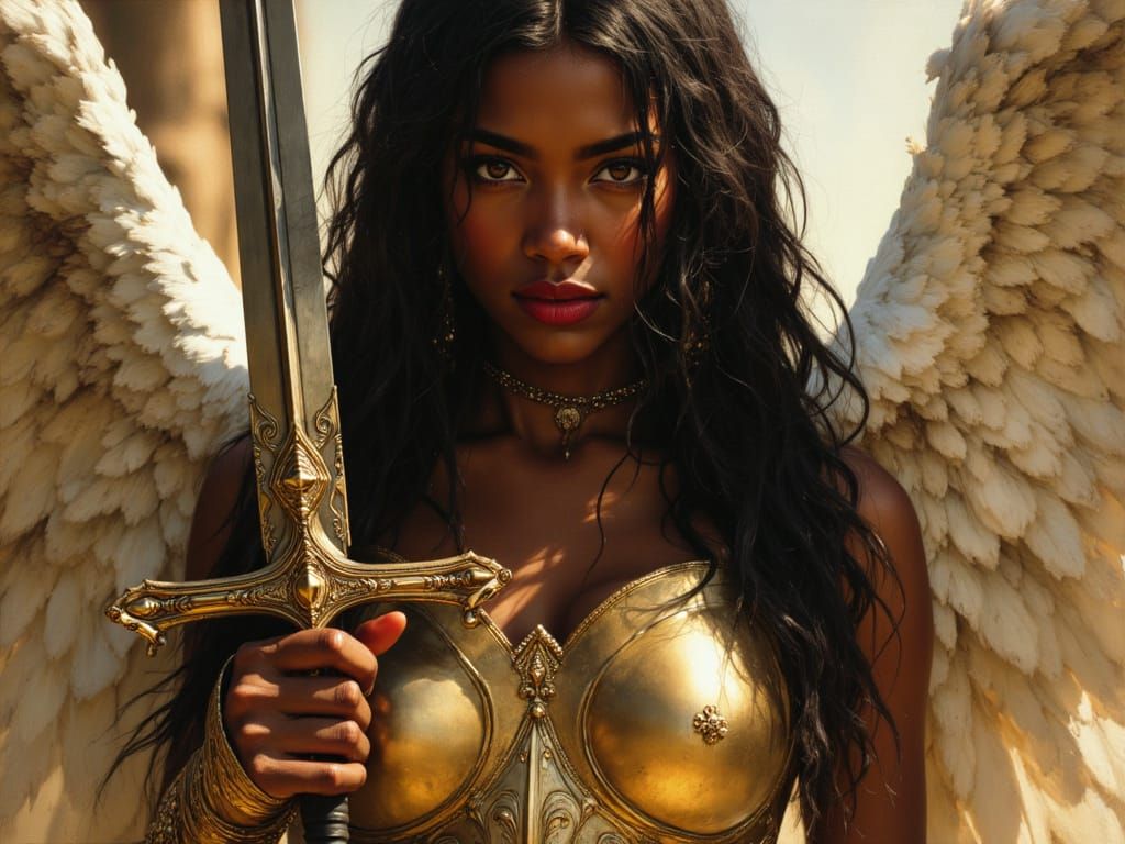 African Winged Goddess in Gold Armor, Holding Sword