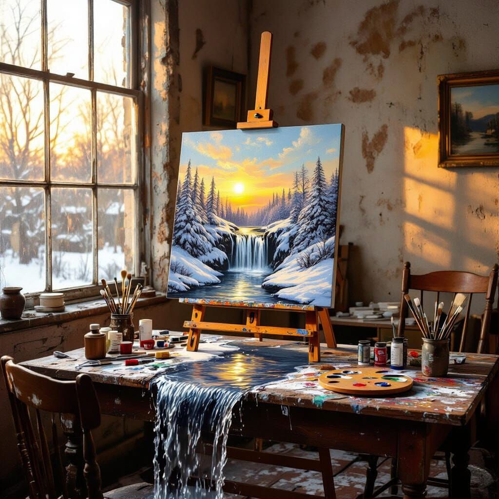 Surreal Artist Studio Painting at Golden Hour