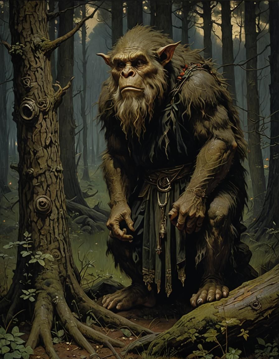 Menacing Troll in Woods, Classical Oil Painting