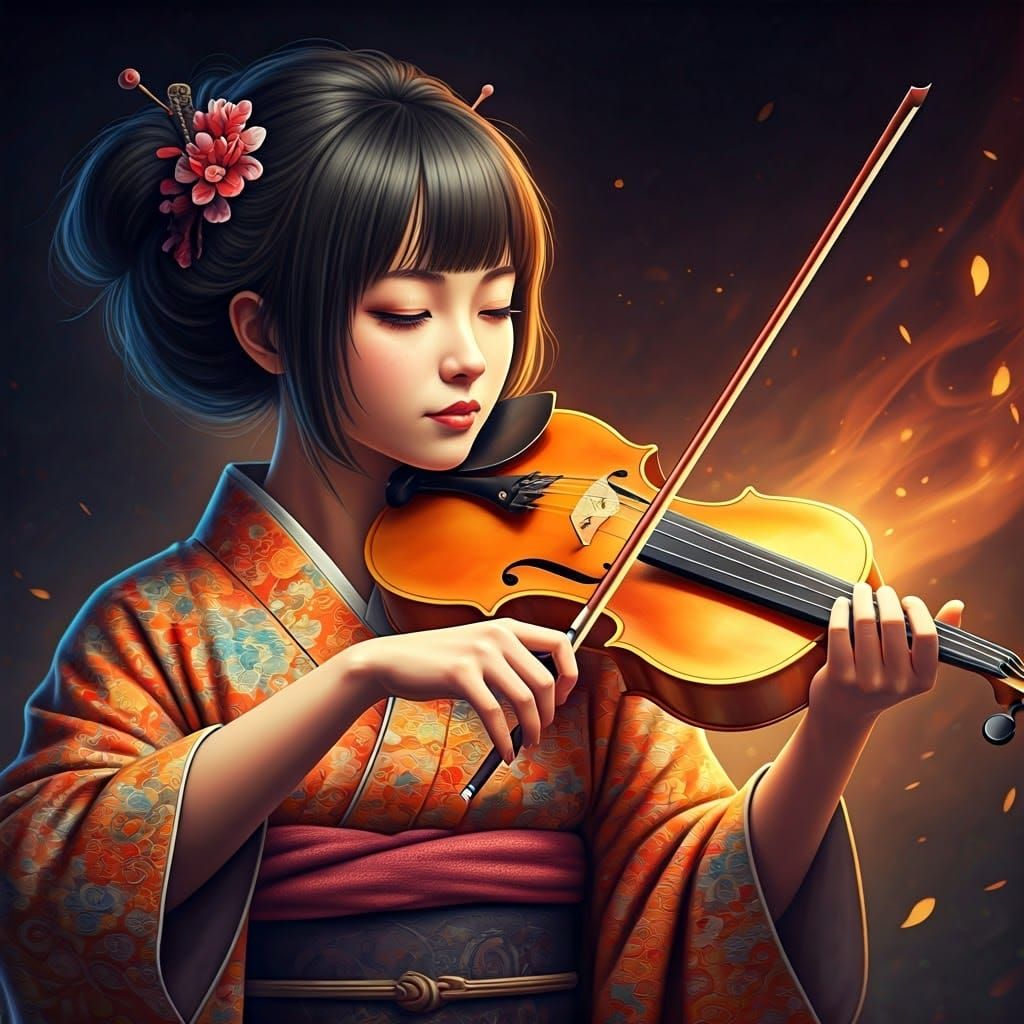 Japanese Woman Lost in Ethereal Violin Music