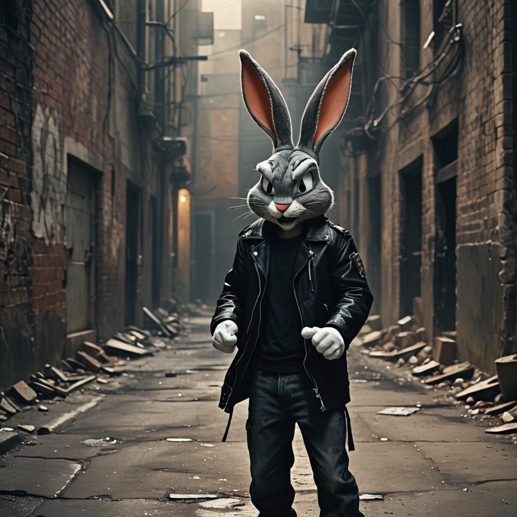 Cinematic Bugs Bunny in Gritty Alleyway