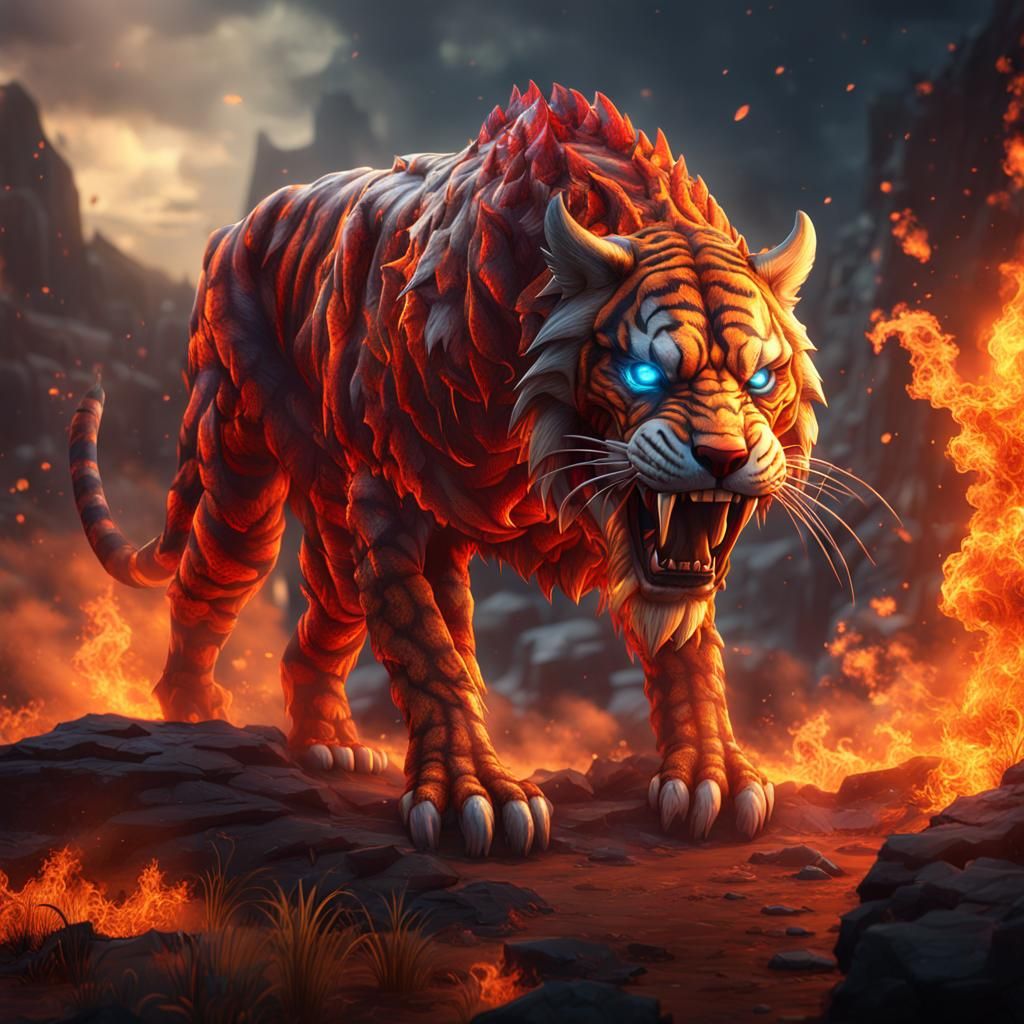 Fiery Origami Saber-Tooth Tiger Digital Painting