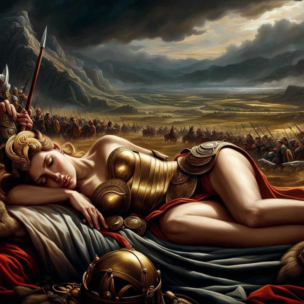 Painting of Aphrodite sleeping while the Trojan War commences