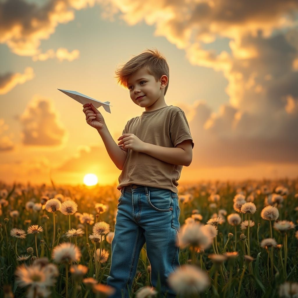 Boy Launches Paper Plane in Golden Sunset Light