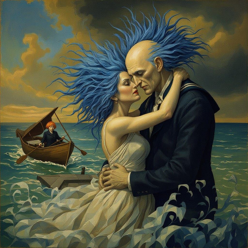 Elderly Couple's Surreal Embrace: A Digital Gouache Painting