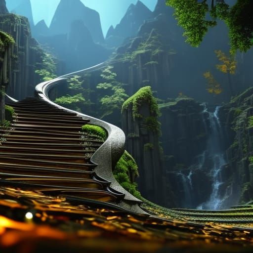 Glass Spiral Staircase in Forest, Detailed CGI