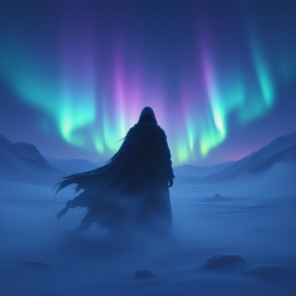 Mysterious Figure in Aurora Borealis, Dreamlike Digital Art