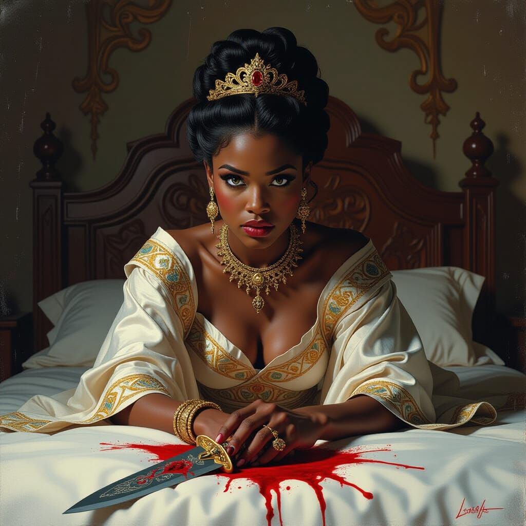Startled African Princess in Ornate Room, Fantasy Art