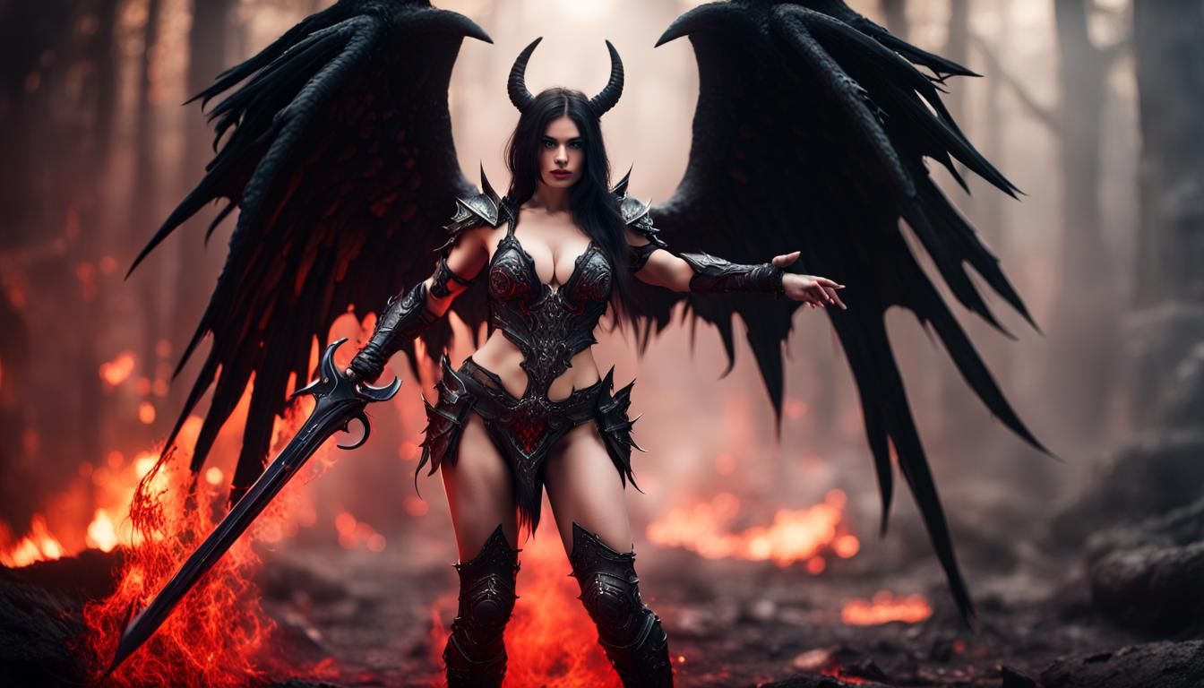 Demoness Knight with Fiery Abyss Background