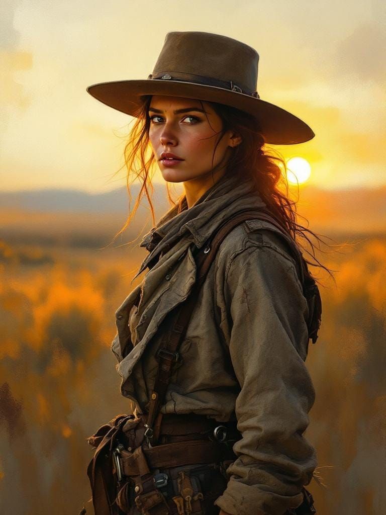 Frontier Woman in Prairie Sunset: Painterly Western Portrait