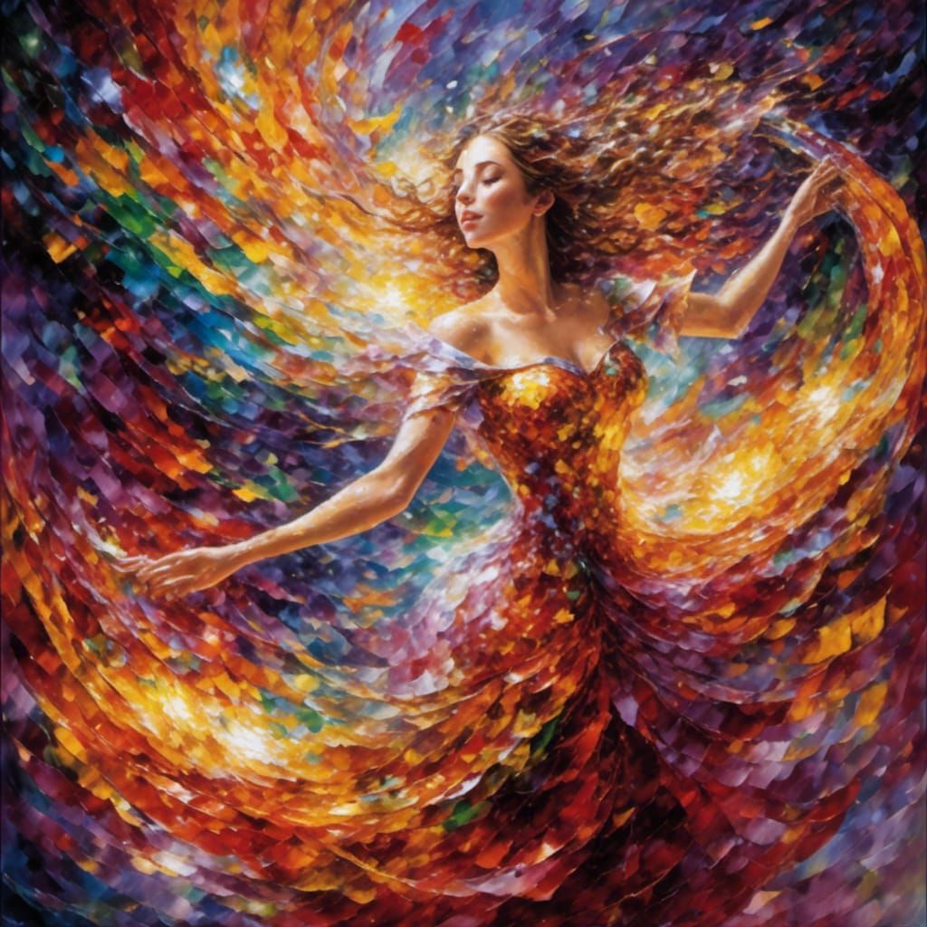 Woman Bending Time and Space in Vibrant Colors