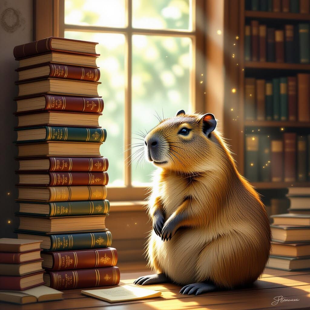 Wise Capybara Reads Ancient Books in Ethereal Light