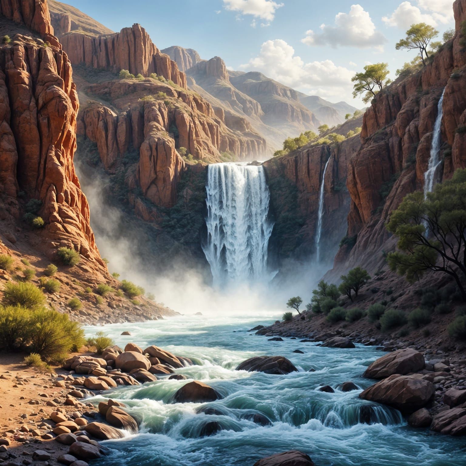 Vibrant Waterspray Waterfall in Desert Landscape
