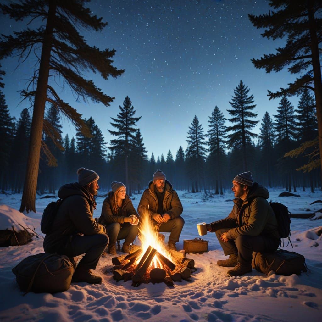 Friends Gather Around a Campfire in Vibrant Winter Wonderlan...
