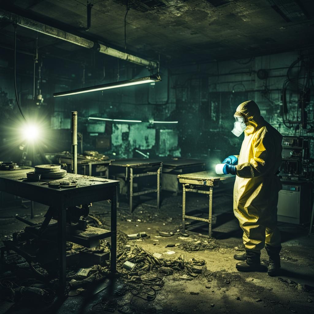 Hazmat Suit Figure Exploring Abandoned Lab