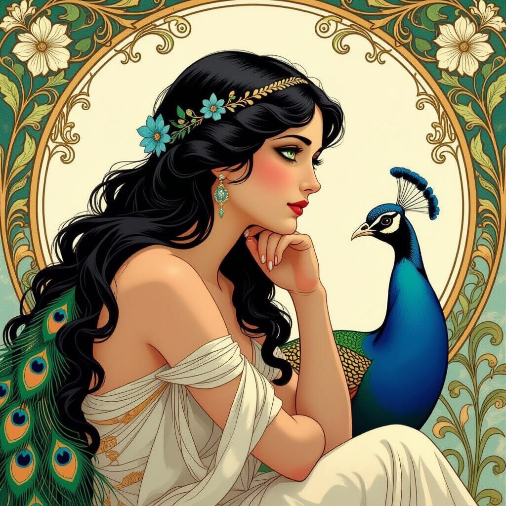 Art Nouveau Aphrodite with Peacock in Profile
