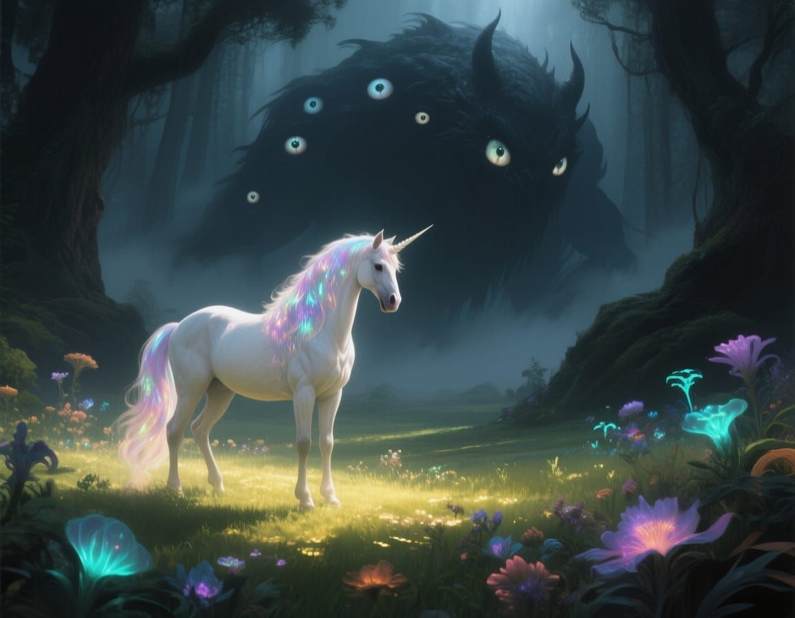 Unicorn in Bioluminescent Meadow, Dark Fantasy Concept Art