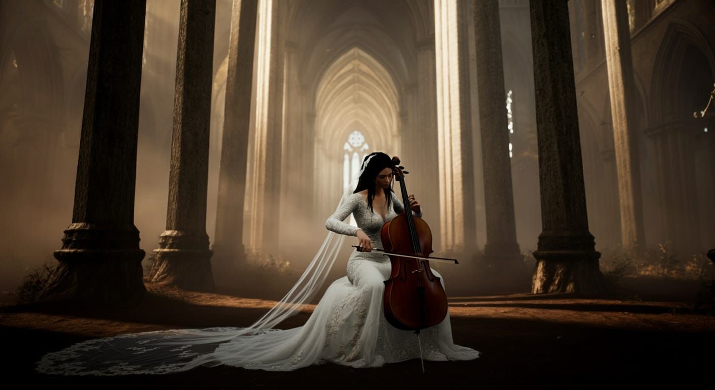Ethereal Gothic Bride in Cathedral Forest at Sunset