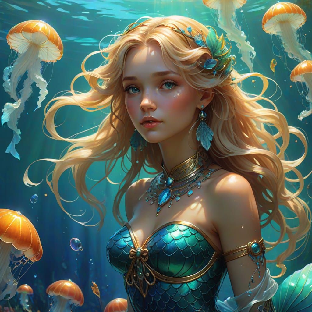 Mermaid Underwater with Glowing Jellyfish in Digital Art