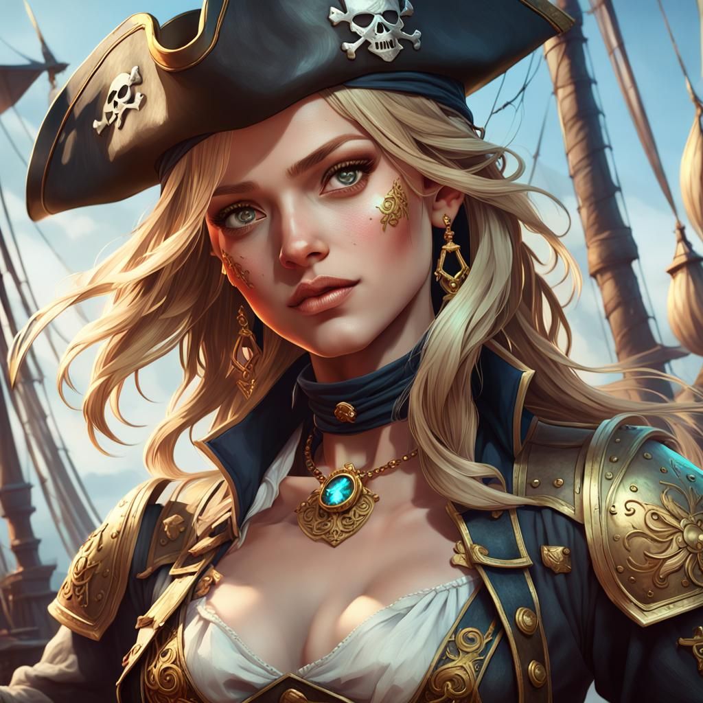 Blonde Pirate Princess Portrait in Hyperdetailed Style