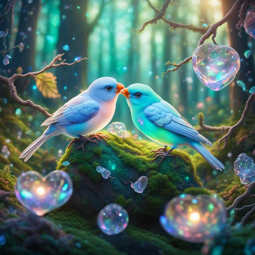 Opal Lovebirds in Holographic Woodland Fantasy