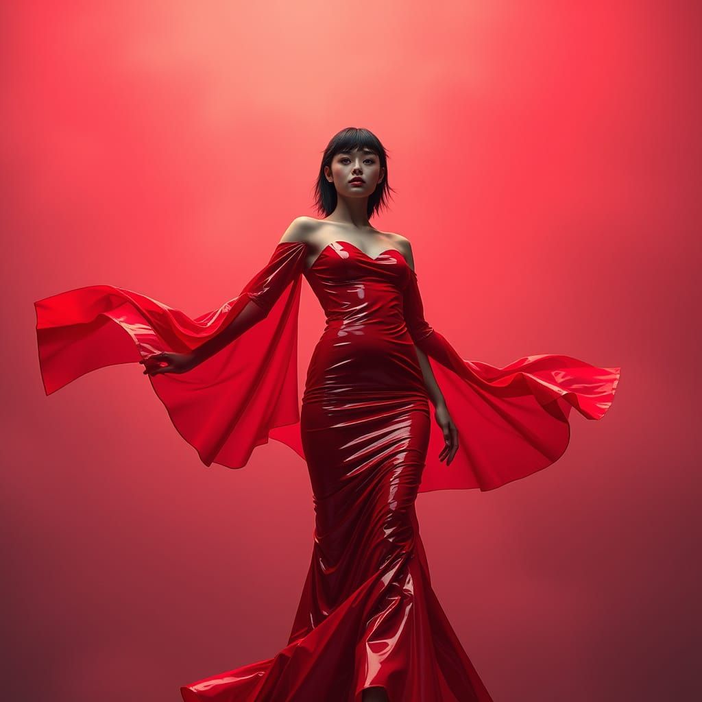 Woman in Flowing Red Latex Dress: Hyperrealistic Rendering