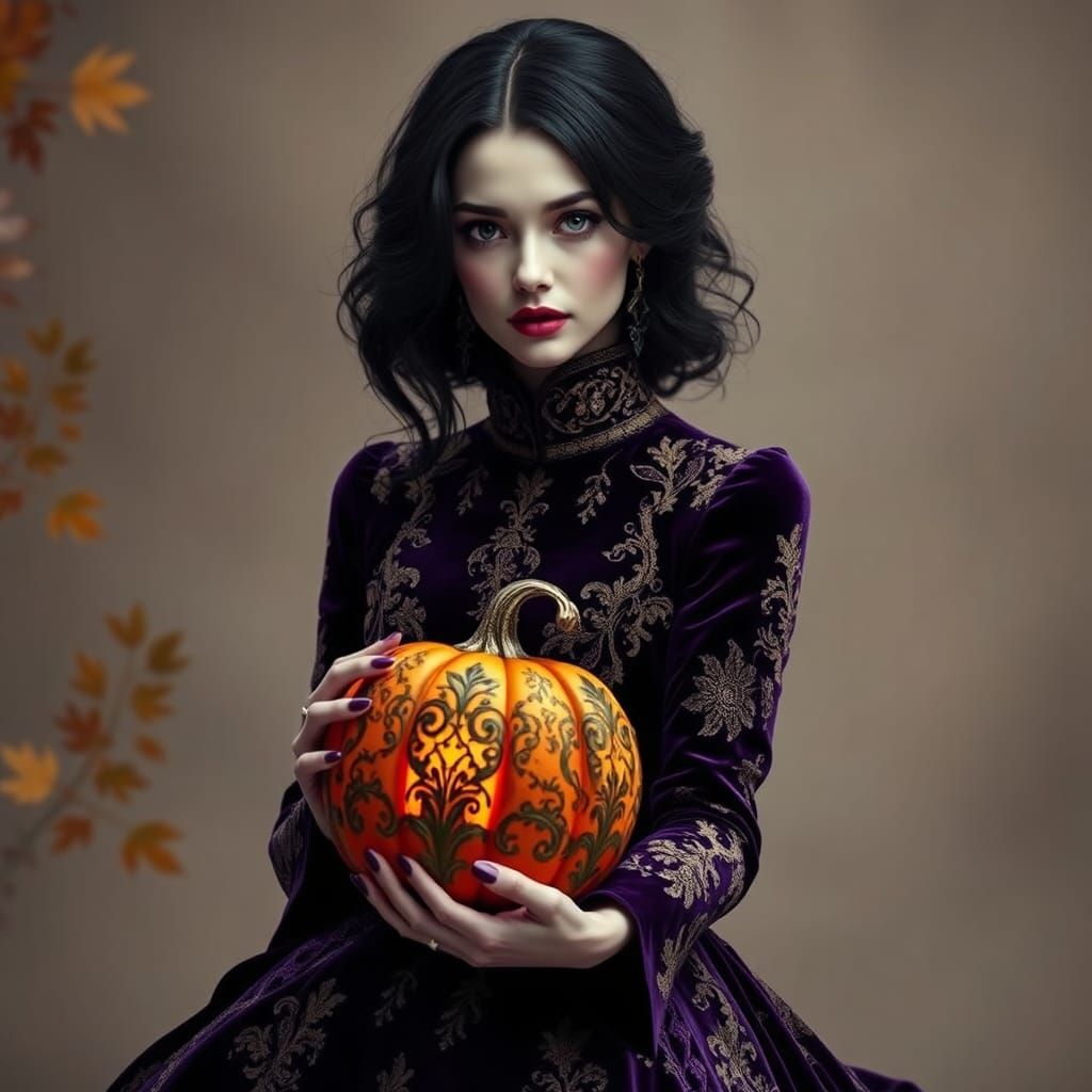 Elegant Woman with Glowing Pumpkin in Autumnal Setting