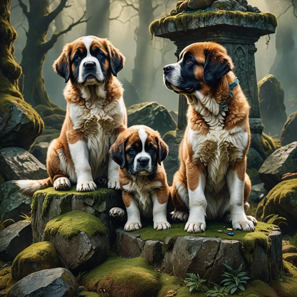 St Bernard Puppies Sharing Food: Fantasy Concept Art