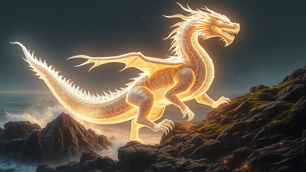 Luminous Dragon Gliding Over Rocky Coastline