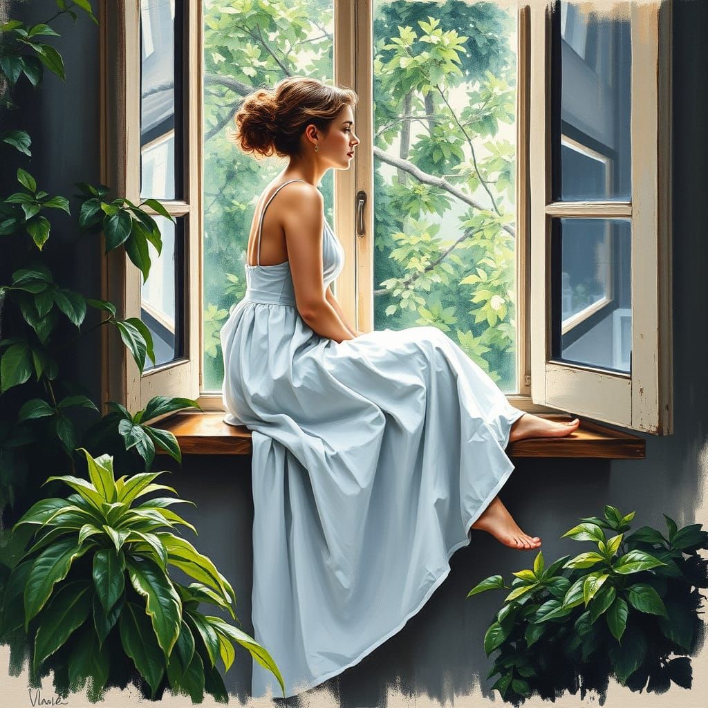 Ethereal Woman Lost in Thought on a Lush Greenery Window Sea...